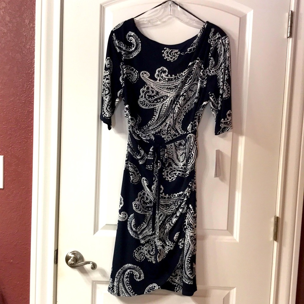 Navy dress with gray and silver accents. New with tags.